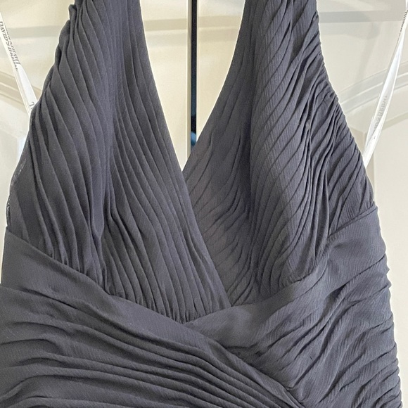 David’s Bridal V-Neck Black Halter Maxi dress with pleated and ruffle detail. - Picture 3 of 12